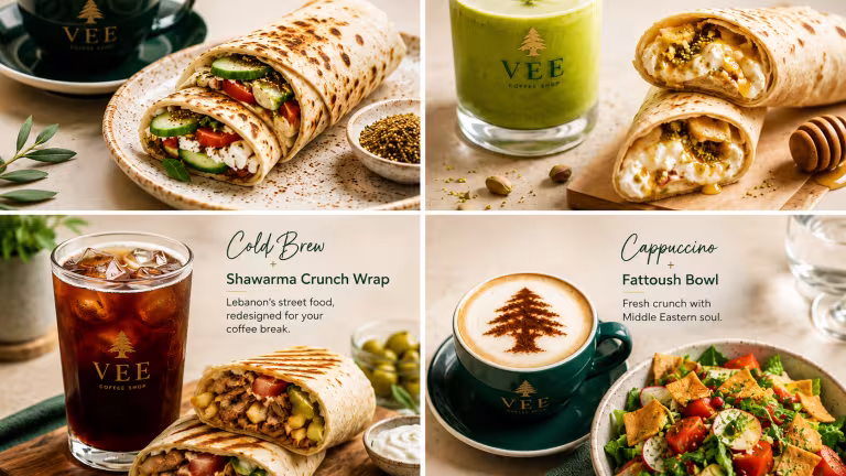 Vee menu: wraps, coffee and bowls