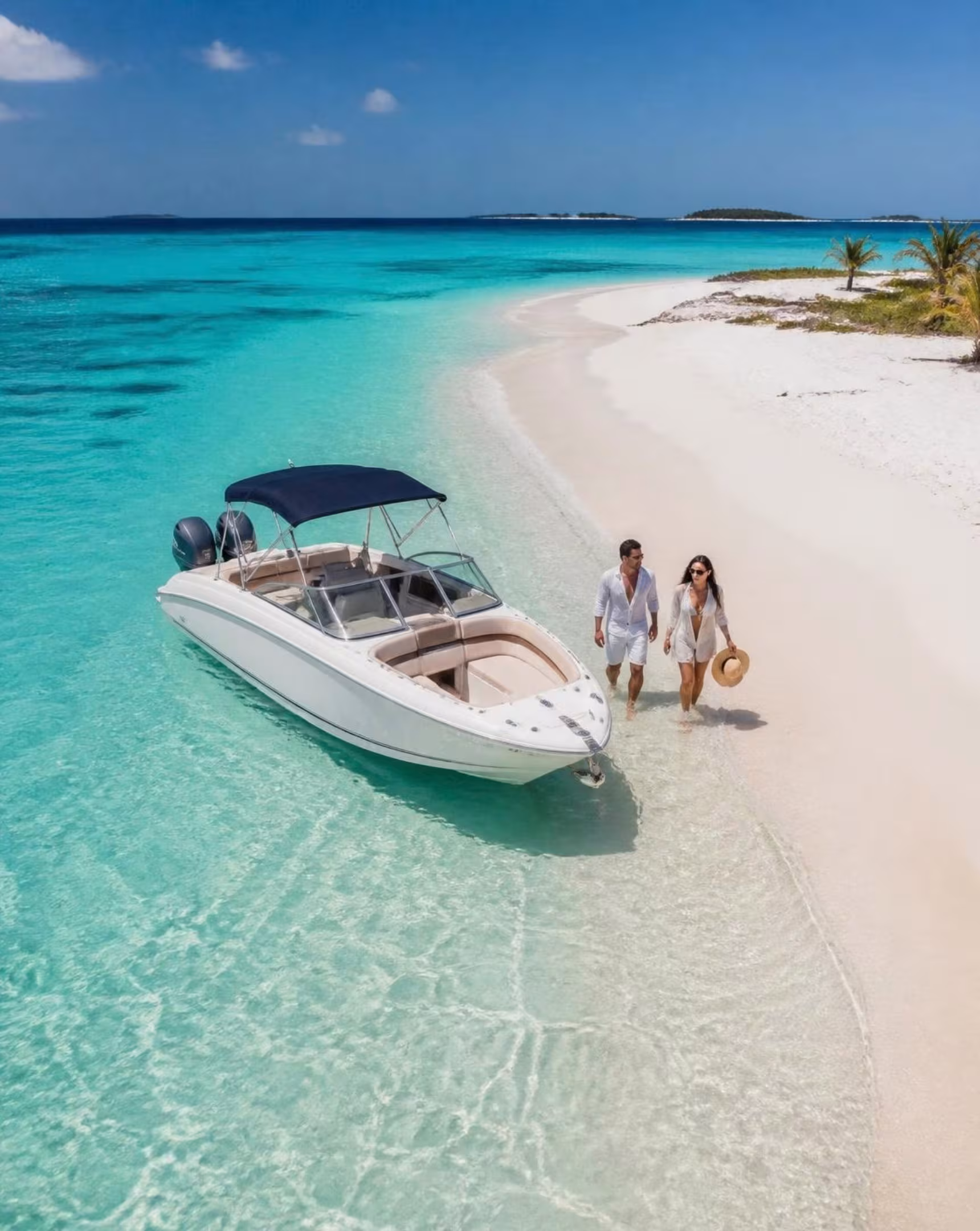 Private boat on a white-sand cay in Los Roques, Venezuela