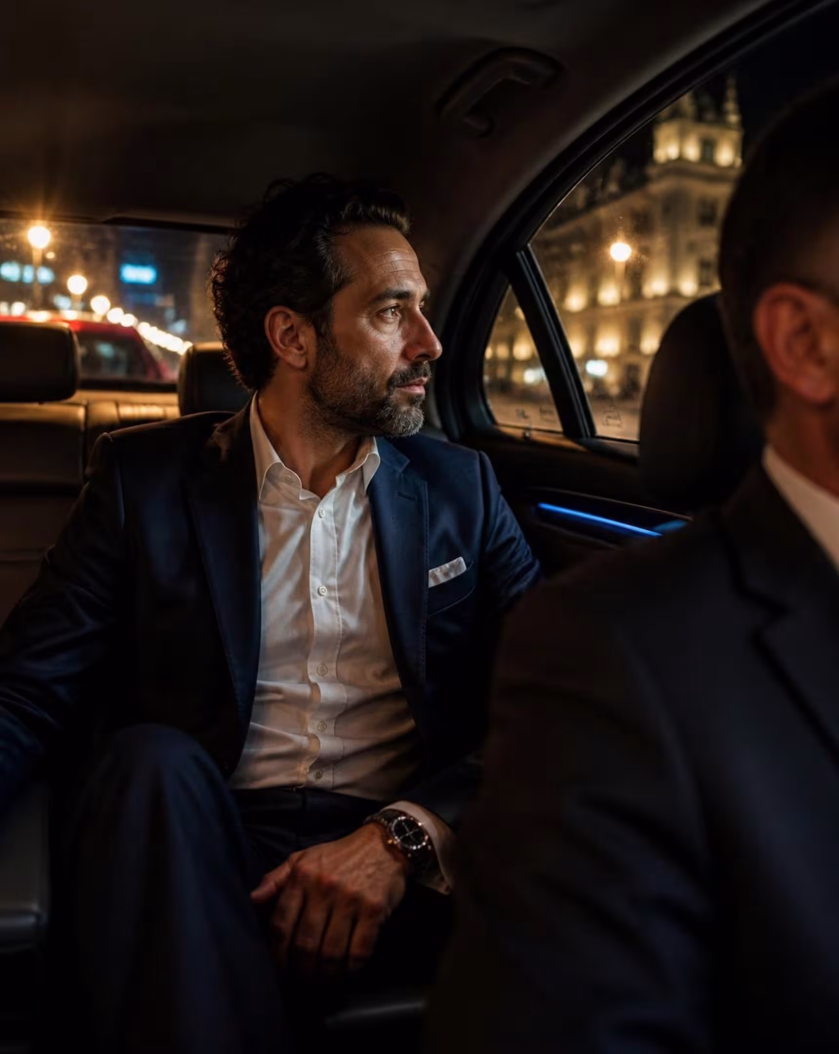 Private chauffeured transfer through Madrid at night
